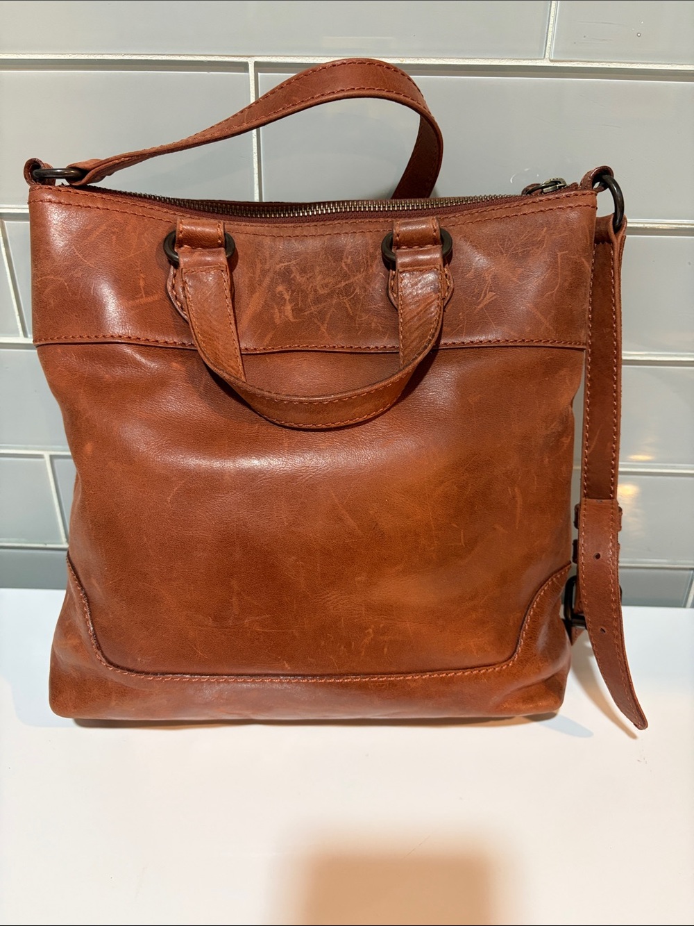 Frye Rustic Brown Leather Crossbody Tote - Picture 2 of 4